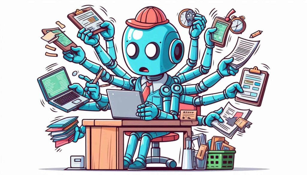 Um robô azul com muitos braços e um chapéu vermelho está sentado em uma mesa de escritório, cercado por documentos, pastas e um laptop, sugerindo multitarefas eficientes.