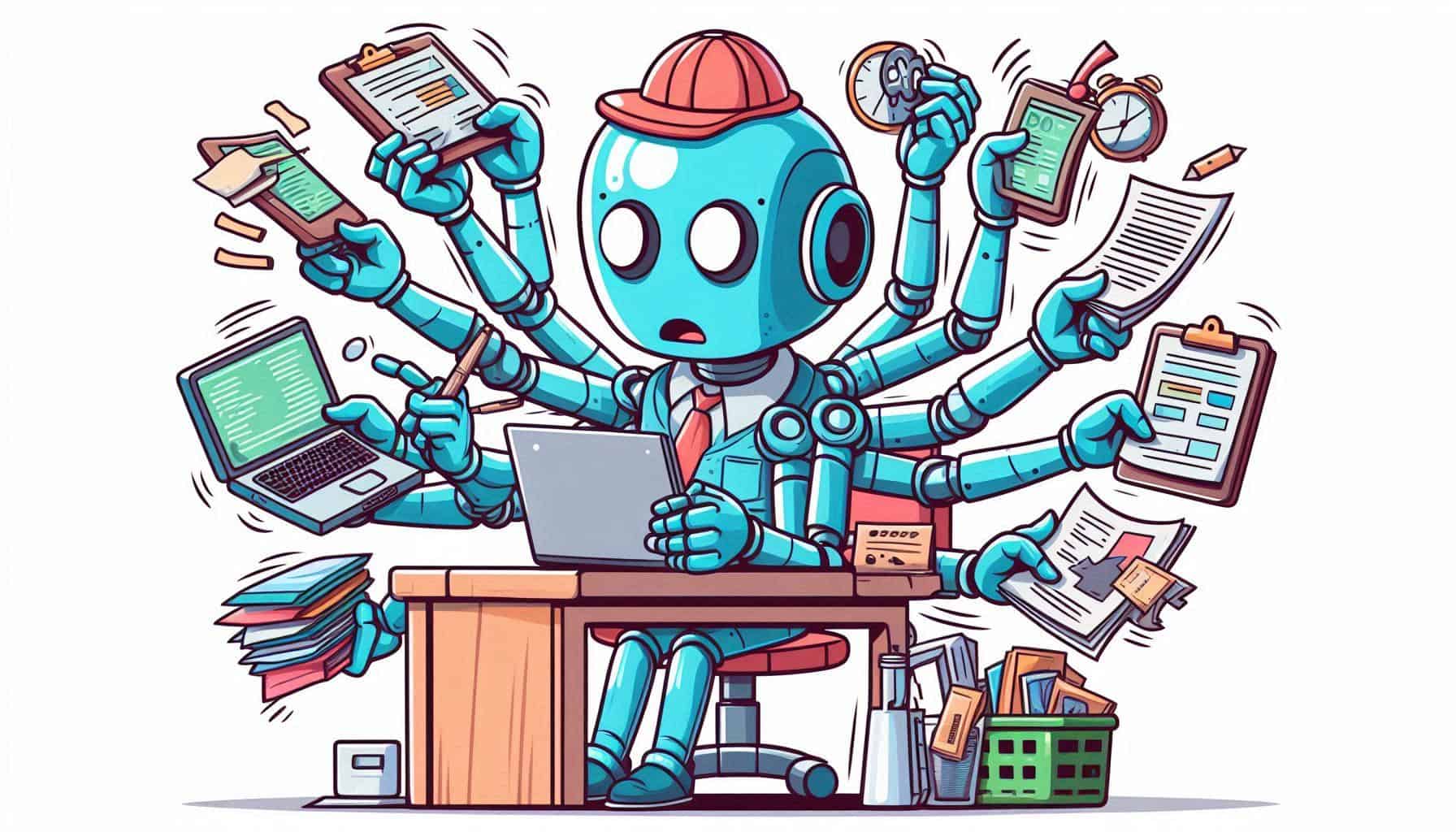 Um robô azul com muitos braços e um chapéu vermelho está sentado em uma mesa de escritório, cercado por documentos, pastas e um laptop, sugerindo multitarefas eficientes.
