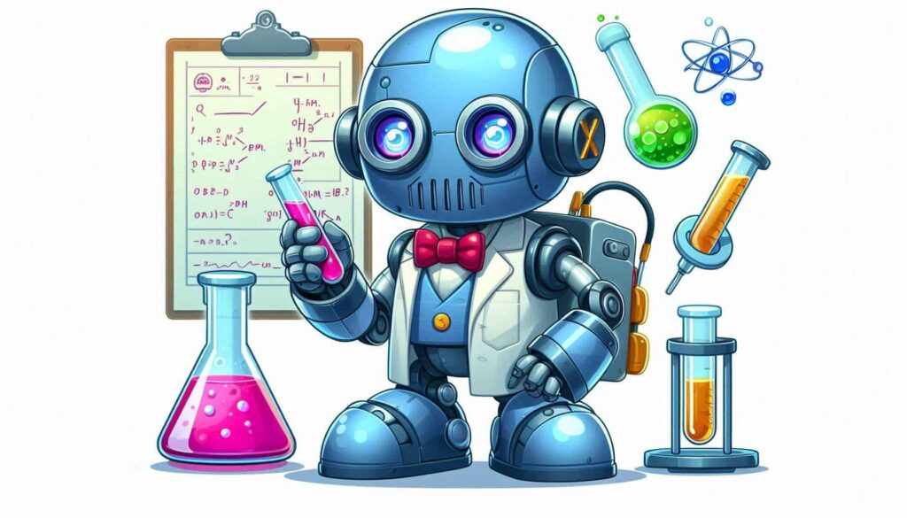 Robô azul amigável vestindo jaleco branco e gravata vermelha, segurando tubos de ensaio coloridos em laboratório, cercado por equipamentos científicos, prancheta com fórmulas matemáticas e símbolos atômicos flutuantes.